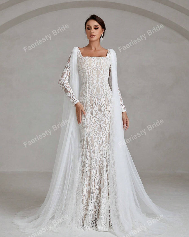 Faeriesty Elegant Square Neckline Long-Sleeve Mermaid Wedding Dress Bridal Gown with Sheer Organza Cape Detailing – Perfect for Church Ceremonies, Formal Galas, Destination Weddings, Luxurious Evening Receptions, and Grand Cathedral Celebrations