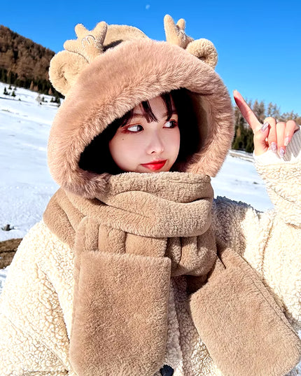 Dragon Horn Bear Hat Scarf One Female Winter Adult Gloves Cycling Thick Dragon Treasure 3-In-1 Small Antler Hat