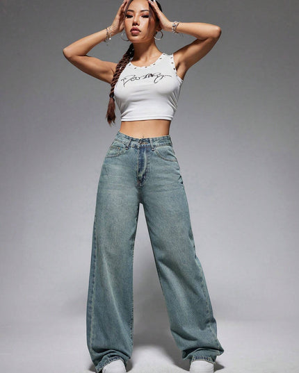 Jeanoix Washed Wide-Leg Jeans with Slanted Pockets Baggy Jeans Y2K