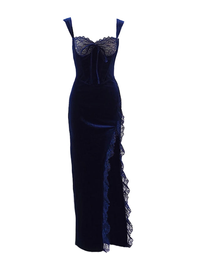 Mingmingxi Wedding Guest Dresses for Women 2023 Autumn Maxi Velvet Dress Sexy Split Blue Bodycon Evening Party Dress Elegant