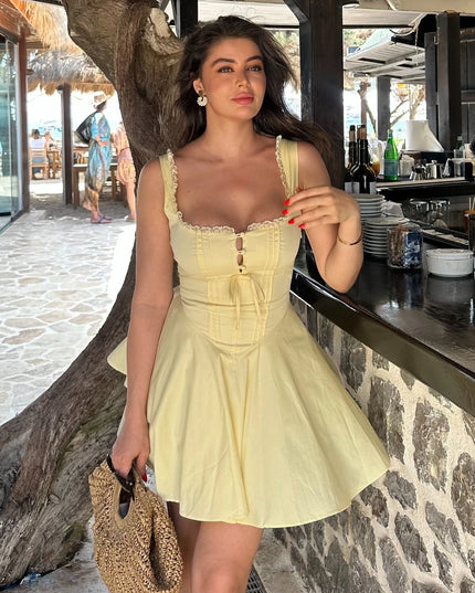Mingmingxi 2024 Summer Lovely a Line Dress Yellow Sexy Party Dresses Hollow Out Lace up Elegant Holiday Dress Women