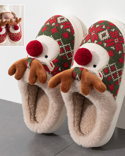 Cute Christmas Elk Plush Slippers Winter Ins Fashion Non-Slip Floor Bedroom Home Slippers for Women Fuzzy House Shoes