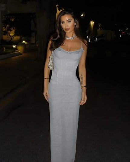Elegant Mesh Sexy Maxi Dress for Women Light Purple Fishbone Spaghetti Strap Sleeveless Backless Party Long Dress New