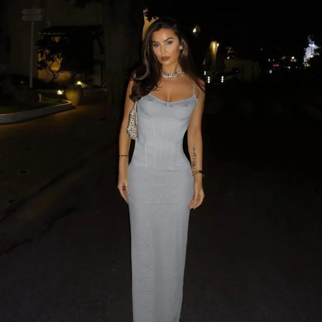 Elegant Mesh Sexy Maxi Dress for Women Light Purple Fishbone Spaghetti Strap Sleeveless Backless Party Long Dress New