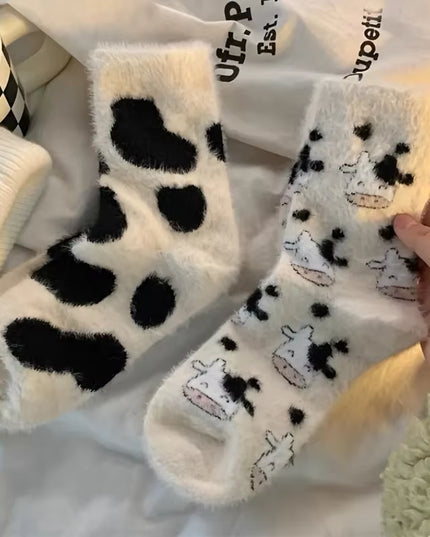 2 Pairs Cute Cow Spots Print Socks, Thickened & Warm Coral Fleece Socks, Women'S Stockings & Hosiery