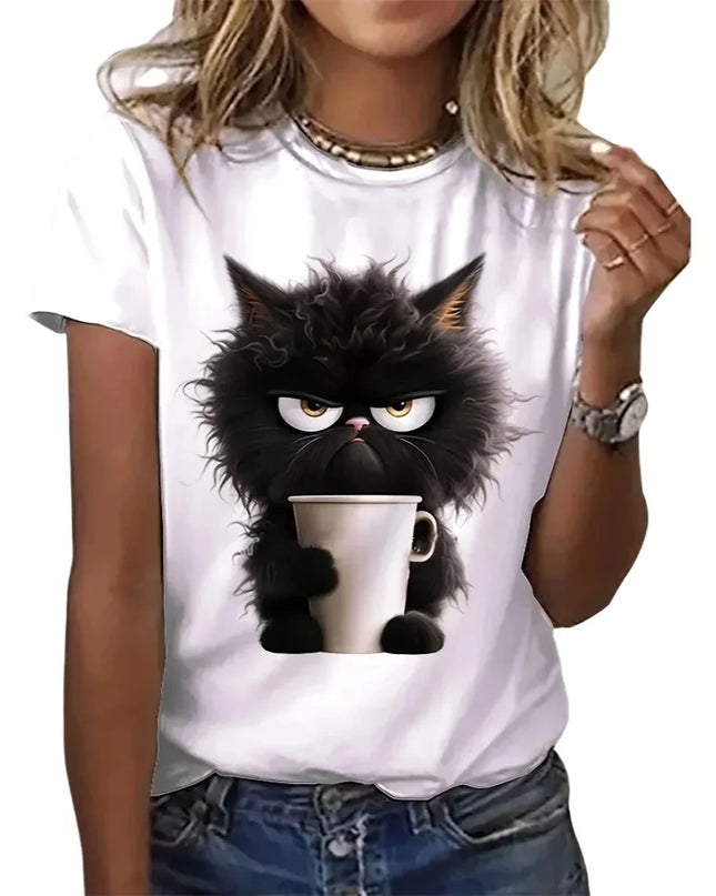 Funny Cat Women Summer White Print T-Shirt Girl Casual Short Sleeve O Neck Top for Summer Female Animal Clothing