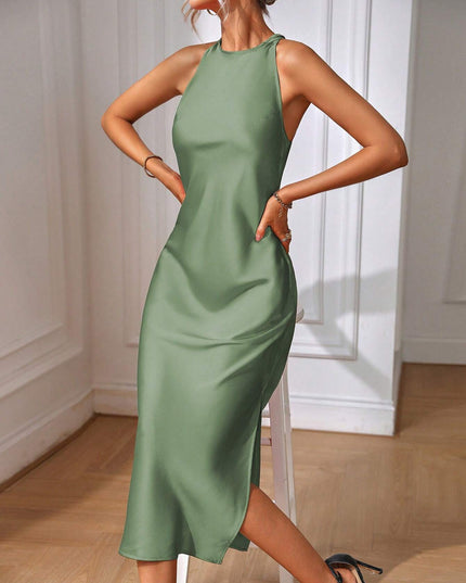 Clasi Solid Split Thigh Dress Maxi Women Outfit Sage Green Dress Elegantsilk Dress Formal
