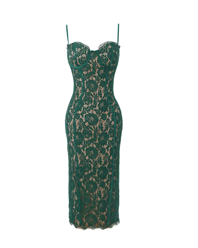 Summer Long Elegant Formal Occasion Dress Green Spaghetti Strap V Neck Lace Dress Vintage Birthday Party Dresses 2023