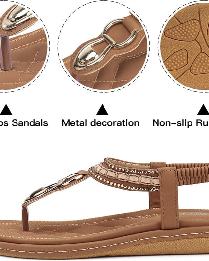Womens Sandals Dressy Summer: Women Comfortable Walking Flat Bohemian T-Strap Ladies Casual Comfy Sandals