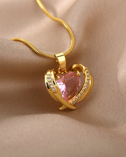 Bohemia Pink Cubic Zirconia Necklace for Women Stainless Steel Heart Wings Pendant Necklaces Crystal Choker Couple Jewerly Gift