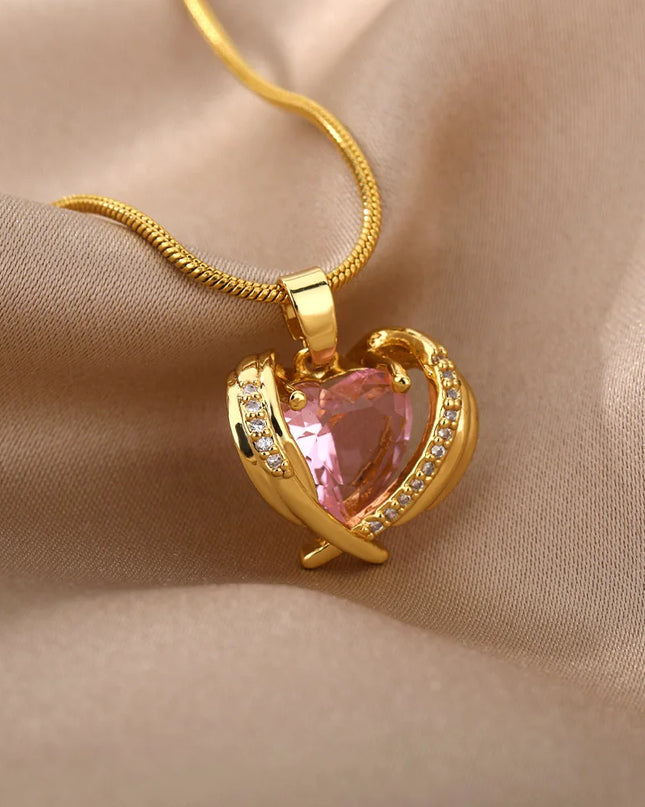 Bohemia Pink Cubic Zirconia Necklace for Women Stainless Steel Heart Wings Pendant Necklaces Crystal Choker Couple Jewerly Gift
