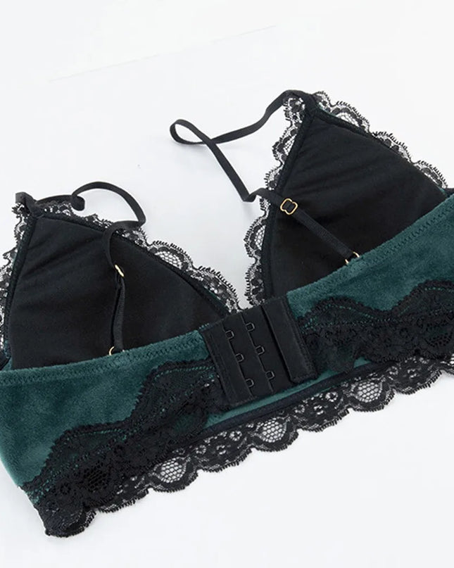 Solid Comfy Velvet Lingeries for Women Floral Lace Gathered Bras and Thong Set 2Pcs Seductive Lingerie Sexy Sleepwear Pajama Set