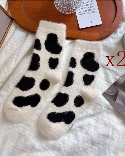 2 Pairs Cute Cow Spots Print Socks, Thickened & Warm Coral Fleece Socks, Women'S Stockings & Hosiery