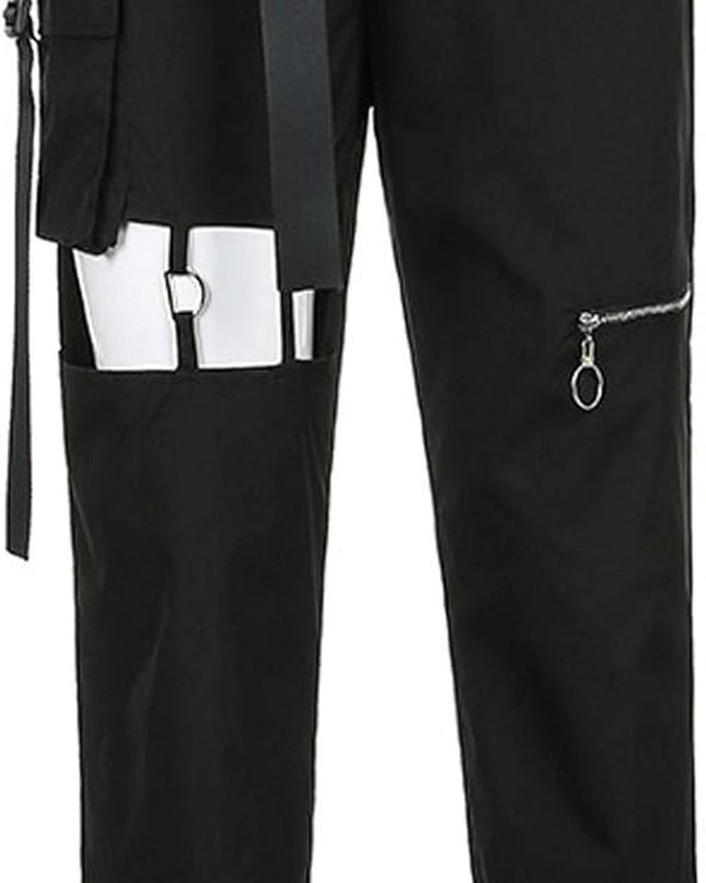 Womens High Waisted Cargo Pants Hollow Punk Pants Pockets Casual Loose Combat Twill Trousers with Belt (Black, L)