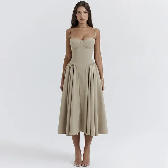 Elegant Spaghetti Strap Midi Dress Slim a Line Party Dresses Navy Blue Casual Birthday Holiday Dress Women'S Clothing