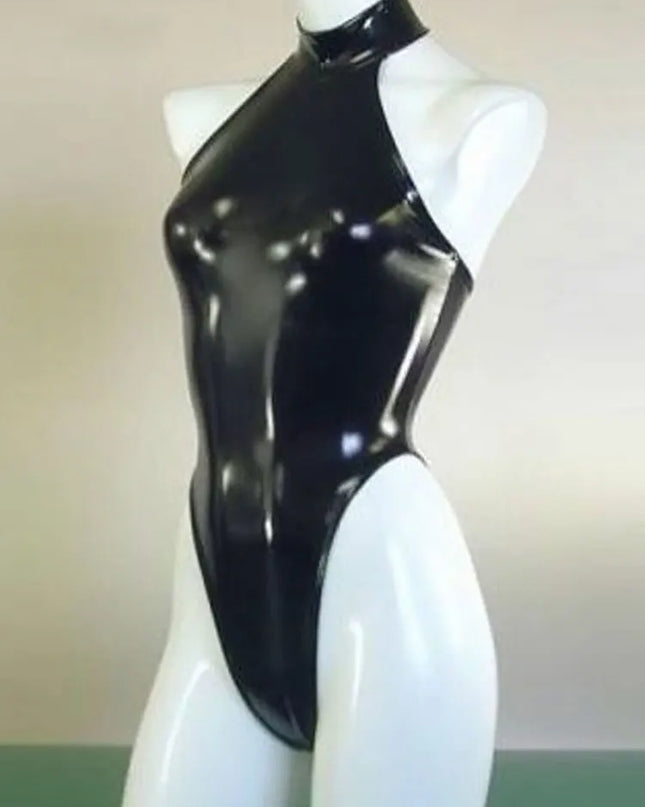 Sexy High Cut Swimsuit High Neck Halter Bodysuit Black One Piece Swimwear Body Suit Latex Catsuit Sexy Night Club Dance Wear
