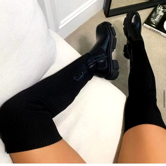 Women'S Boots plus Sizes 41 42 43 Suede Platform Knee High Boots Slim Winter plus Velvet Stretch Boots round Toe Shoe Woman Buty