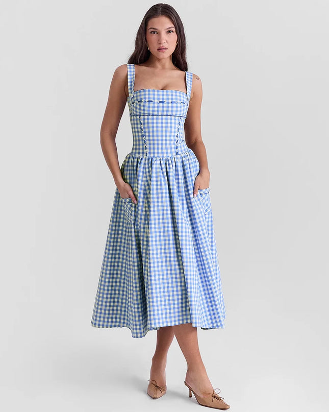 Summer Elegant and Beautiful Women Dresses 2024 Midi Blue and White Plaid Dress with Pocket Female Vacation Dress