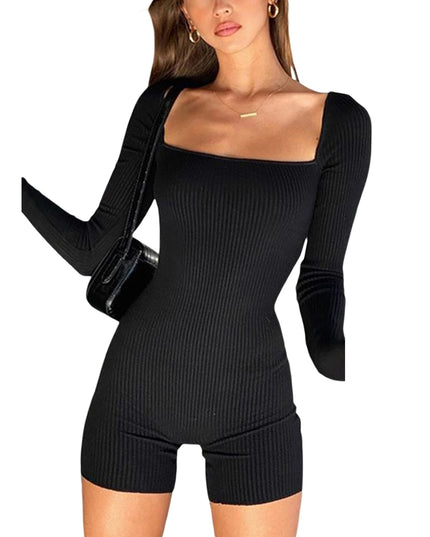 2021 New Women Solid Color Long Sleeve Summer Bodycon Playsuit Square Collar Ribbed Letter Embroidery Short Romper Sexy