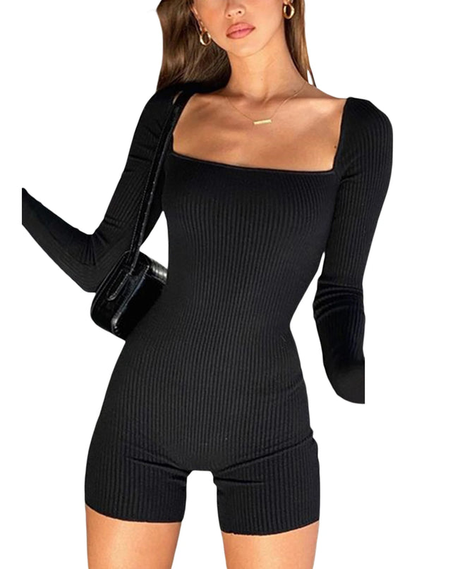 2021 New Women Solid Color Long Sleeve Summer Bodycon Playsuit Square Collar Ribbed Letter Embroidery Short Romper Sexy