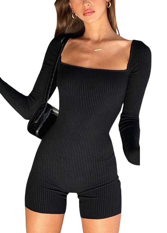 2021 New Women Solid Color Long Sleeve Summer Bodycon Playsuit Square Collar Ribbed Letter Embroidery Short Romper Sexy