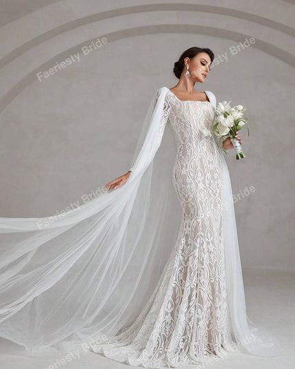 Faeriesty Elegant Square Neckline Long-Sleeve Mermaid Wedding Dress Bridal Gown with Sheer Organza Cape Detailing – Perfect for Church Ceremonies, Formal Galas, Destination Weddings, Luxurious Evening Receptions, and Grand Cathedral Celebrations