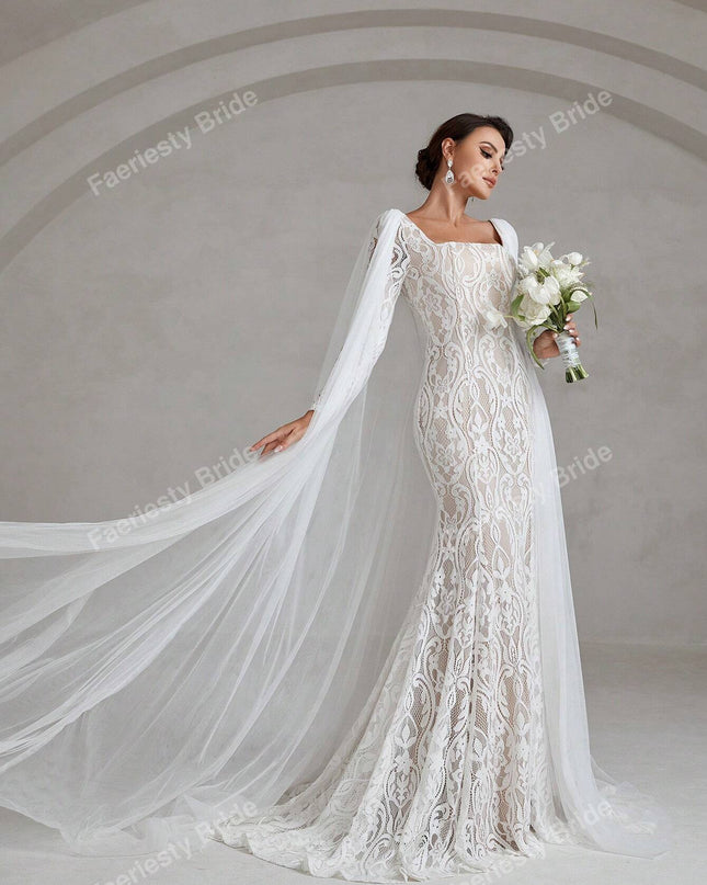 Faeriesty Elegant Square Neckline Long-Sleeve Mermaid Wedding Dress Bridal Gown with Sheer Organza Cape Detailing – Perfect for Church Ceremonies, Formal Galas, Destination Weddings, Luxurious Evening Receptions, and Grand Cathedral Celebrations