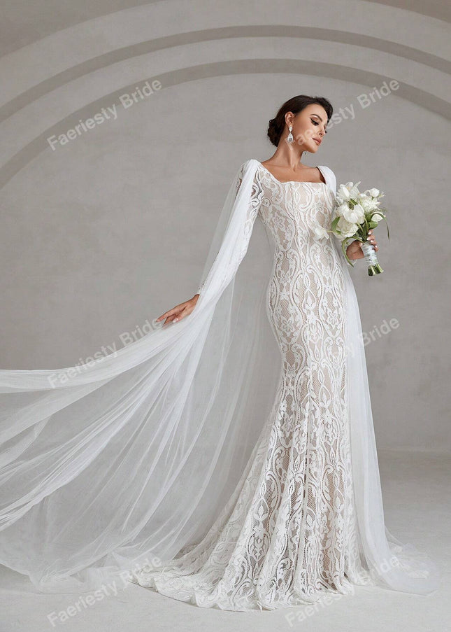 Faeriesty Elegant Square Neckline Long-Sleeve Mermaid Wedding Dress Bridal Gown with Sheer Organza Cape Detailing – Perfect for Church Ceremonies, Formal Galas, Destination Weddings, Luxurious Evening Receptions, and Grand Cathedral Celebrations