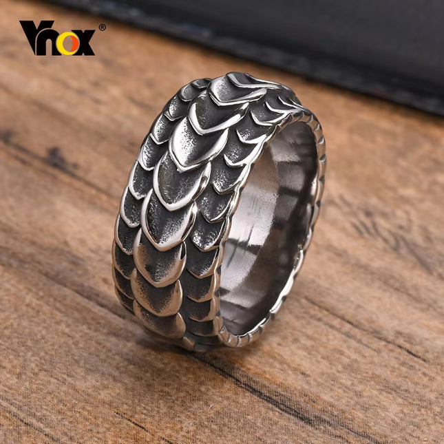 Rock Punk Viking Dragon Carved Surface Rings for Men Jewelry,Vintage Silver Color Stainless Steel Male Finger Bands