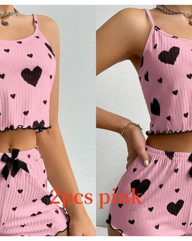 Women'S Pajamas Set Sleepwear 2 PCS Short Tank Tops and Shorts S M L White Ventilate Soft Casual Love Printing