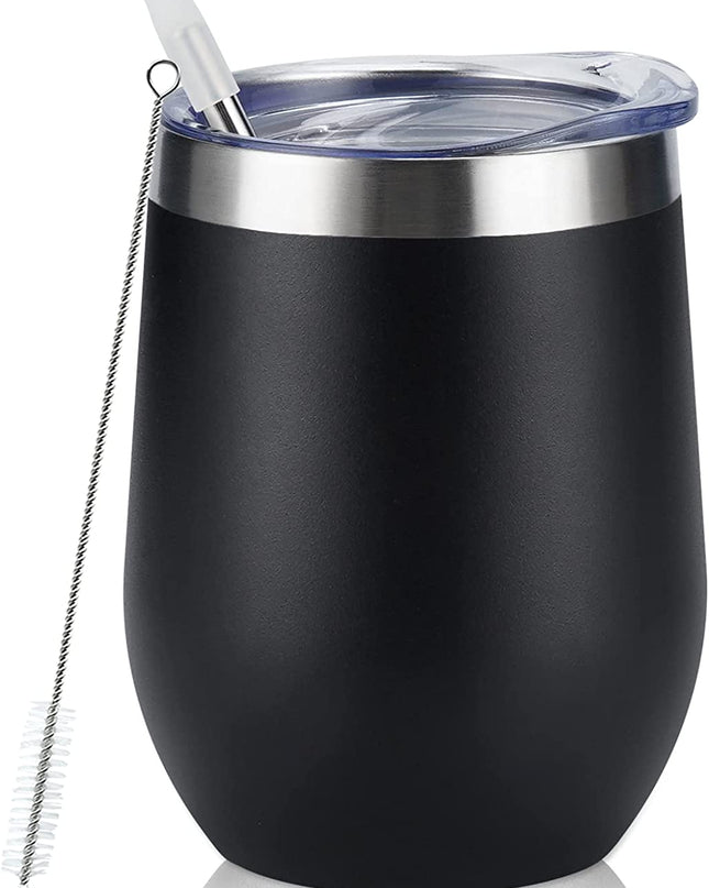 Stainless Steel Wine Tumbler 12Oz, Double Wall Vacuum Insulated Wine Tumbler with Lid and Straw, Stainless Steel Stemless Wine Glass for Wine, Coffee, Cocktails, Champaign, Ice Cream, Black