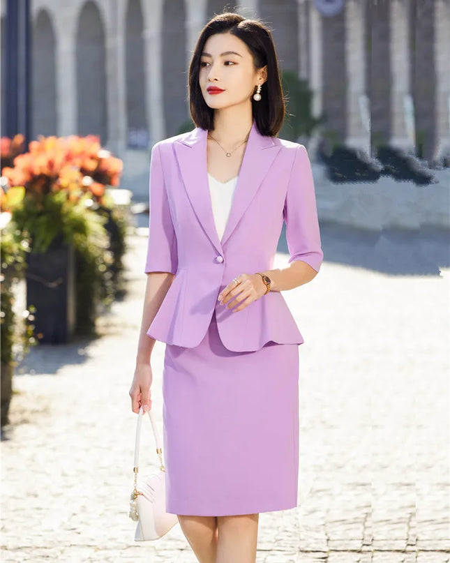 Purple Summer Skirt Suit Set for Women Short Sleeve Ruffle Hem Blazer&Midi Skirt Office Ladies 2 Pieces Work Wear Fashion Suits