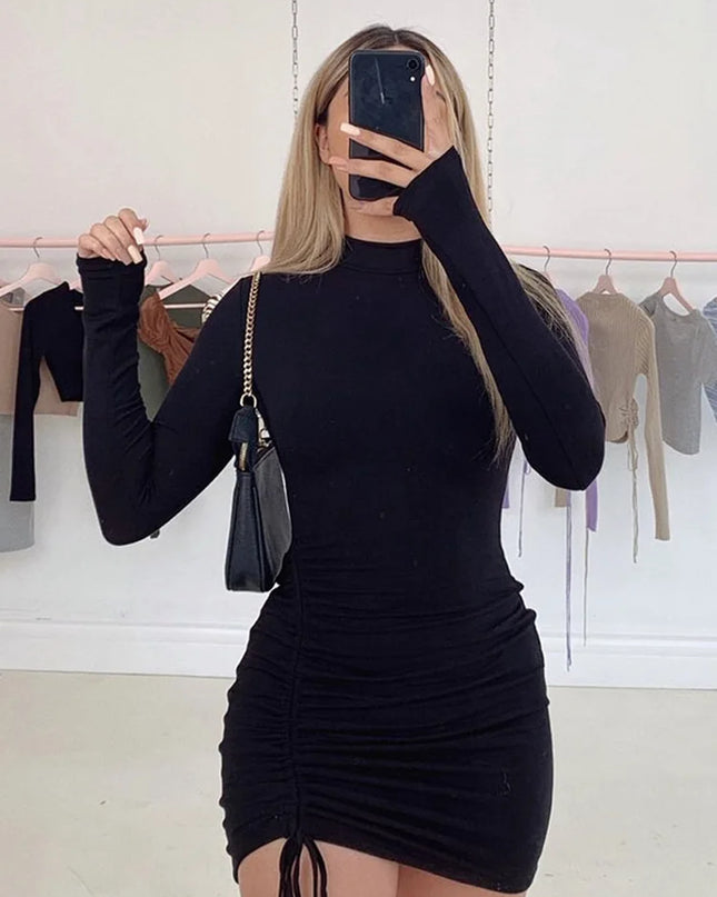 Long Sleeve Ruched Bodycon Dress Women Turtleneck Bandage Mini Dresses Autumn Black Skinny Stretchy Party Vestidos