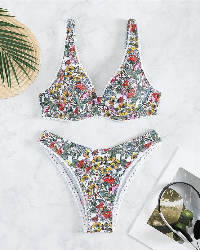 Sexy Flower Print Push up Bikinis Sets 2025 Women Underwired Swimwear High Waist Swimsuits Back Knotted Beach Wear Bathing Suit