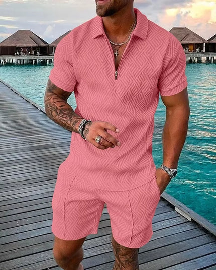 New 2025 Men'S Polo Suit Fashion Men Sets Solid Summer V-Neck Zipper Short Sleeve POLO Shirt+Shorts Two Pieces Men Casual Suit