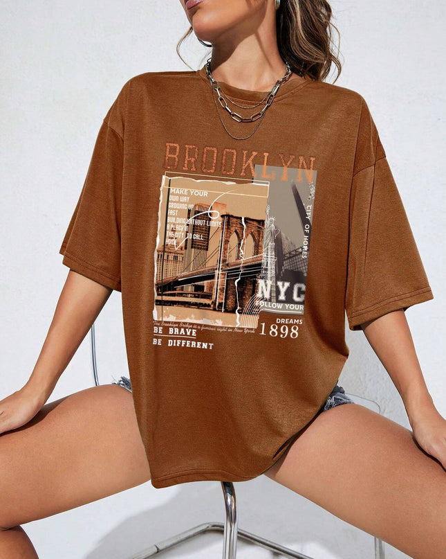 INAWLY Street View and Slogan Graphic Drop Shoulder Tee MAKE YOUR OWN WAY GROWING up FAST BUILDING without LIMITS a PLACE in the CITY to CALL HOME CITY of HOMES NYC FOLLOW YOUR DREAMS 1898 the Brooklyn Bridge Is a Famous Sight in New York BE BRAVE BE DIFFERENT Graphic Tees Women Tops