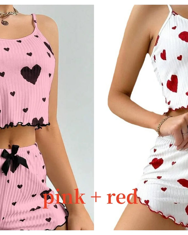 Women'S Pajamas Set Sleepwear 2 PCS Short Tank Tops and Shorts S M L White Ventilate Soft Casual Love Printing