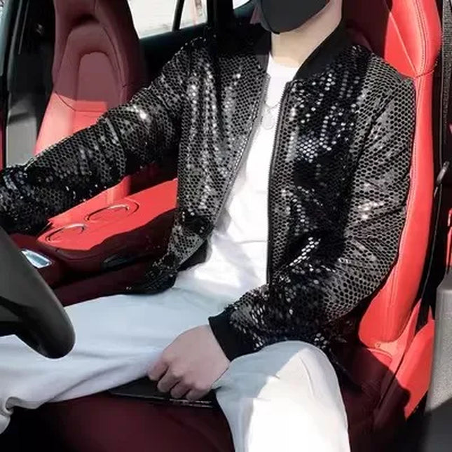 Sequin Diamond Bomber Jackets for Men Silver Plaid Fashion Streetwear Hip Hop Windbreaker Coat Nightclub Singer Stage Costume