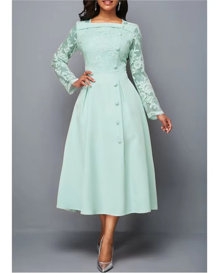 Dresses for Women Elegant Long Sleeve Lace Stitching High Waist Big Hem Mid-Length Oversized Dresses for Women