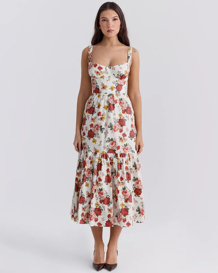 Mingmingxi Summer Elegant Holiday Dress 2024 Causal Ruffle Hems Fit and Flare Dress with Pocket Mid Length Floral Print Dress