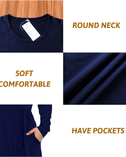 Women'S Plain plus Size Long Sleeve Loose Curvy Long Maxi Dresses with Pocket (24W,Navy Blue)