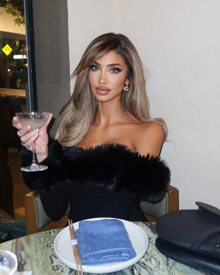 Autumn and Winter Faux Fur off the Shoulder Dress 2024 New Arrivals Black Mini Long Sleeve Sexy Party Dresses Women