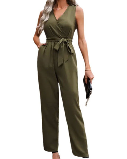 Elegant Commuter Sleeveless Cross Collar Waistline Lace-Up Jumpsuit