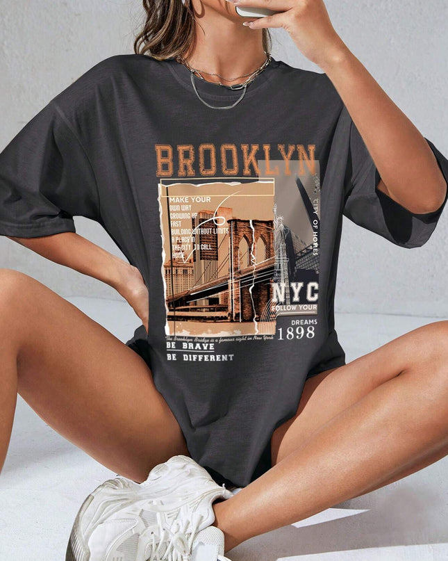 INAWLY Street View and Slogan Graphic Drop Shoulder Tee MAKE YOUR OWN WAY GROWING up FAST BUILDING without LIMITS a PLACE in the CITY to CALL HOME CITY of HOMES NYC FOLLOW YOUR DREAMS 1898 the Brooklyn Bridge Is a Famous Sight in New York BE BRAVE BE DIFFERENT Graphic Tees Women Tops