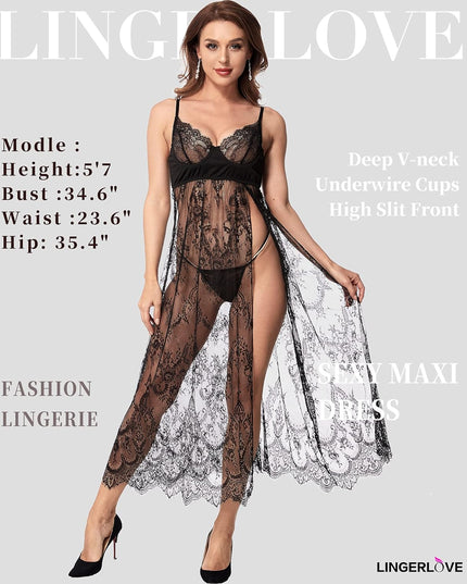 Women Sexy Lingerie Lace High Slit Maxi Long Gown Sheer Dress with Underwire S-4XL