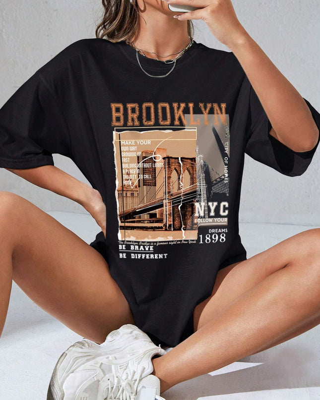 INAWLY Street View and Slogan Graphic Drop Shoulder Tee MAKE YOUR OWN WAY GROWING up FAST BUILDING without LIMITS a PLACE in the CITY to CALL HOME CITY of HOMES NYC FOLLOW YOUR DREAMS 1898 the Brooklyn Bridge Is a Famous Sight in New York BE BRAVE BE DIFFERENT Graphic Tees Women Tops