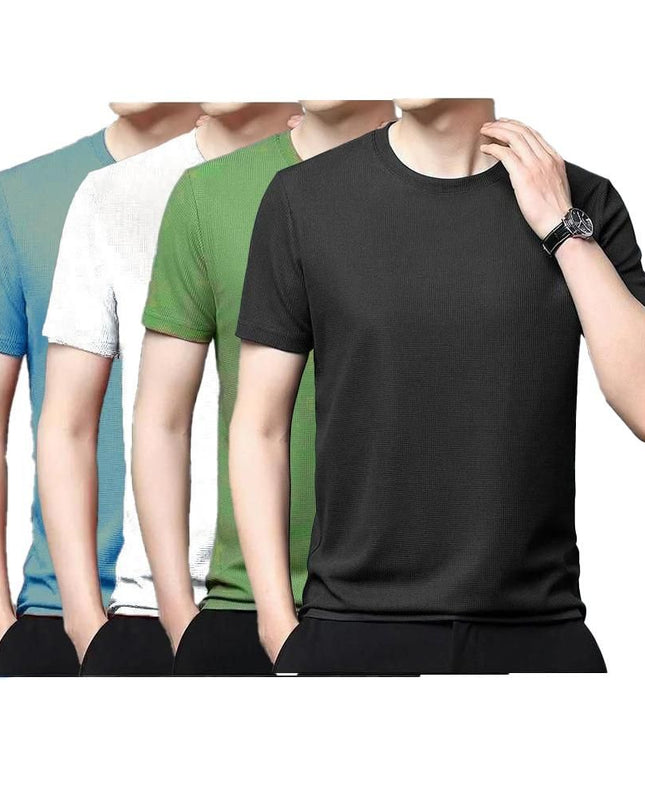 Polyester Stretchable Solid Half Sleeves Mens Round Neck T-Shirt Pack Of 4
