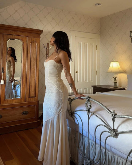 Mingmingxi Summer Long Dresses for Women 2024 New Arrivals Beige Elegant Lace Dress with Hem Spaghetti Strap Bodycon Party Dress