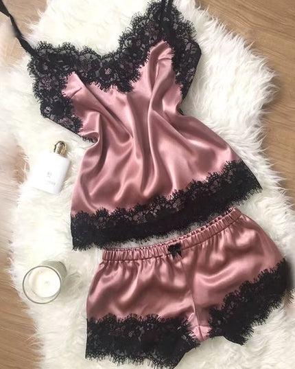 1 Set of Sexy Women'S Pajamas Sleeveless Camisole Pyjamas Lace-Trimmed Satin Camisole Pyjama Set
