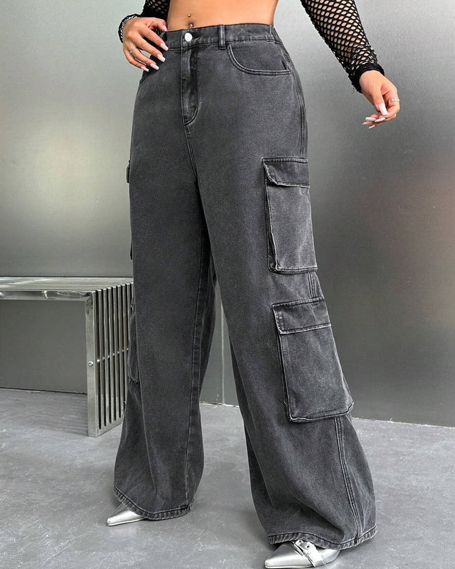 SHEIN ICON Y2K High Waist Black Cargo Pocket plus Size Straight Leg Jeans, Fall Women Clothes